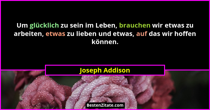 Um glücklich zu sein im Leben, brauchen wir etwas zu arbeiten, etwas zu lieben und etwas, auf das wir hoffen können.... - Joseph Addison