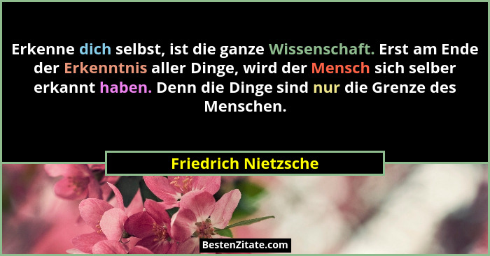 Erkenne dich selbst, ist die ganze Wissenschaft. Erst am Ende der Erkenntnis aller Dinge, wird der Mensch sich selber erkannt ha... - Friedrich Nietzsche