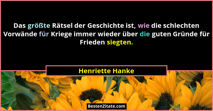 Das größte Rätsel der Geschichte ist, wie die schlechten Vorwände für Kriege immer wieder über die guten Gründe für Frieden siegten.... - Henriette Hanke