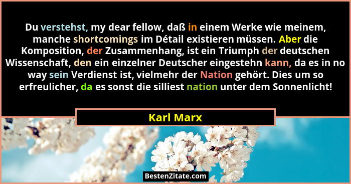 Du verstehst, my dear fellow, daß in einem Werke wie meinem, manche shortcomings im Détail existieren müssen. Aber die Komposition, der Zu... - Karl Marx