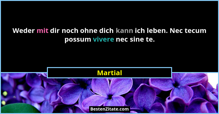 Weder mit dir noch ohne dich kann ich leben. Nec tecum possum vivere nec sine te.... - Martial