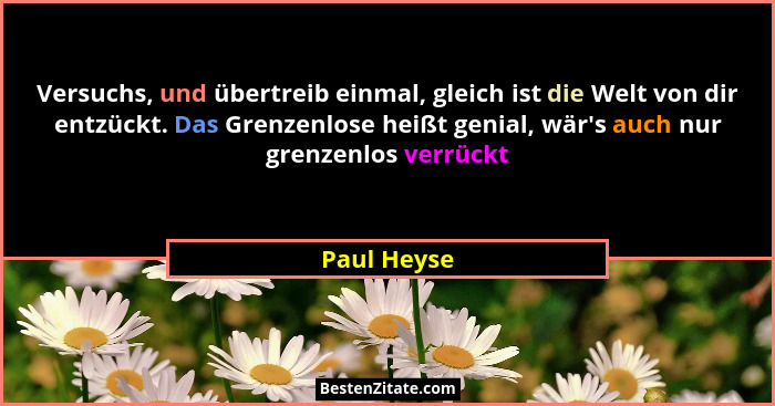 Versuchs, und übertreib einmal, gleich ist die Welt von dir entzückt. Das Grenzenlose heißt genial, wär's auch nur grenzenlos verrück... - Paul Heyse