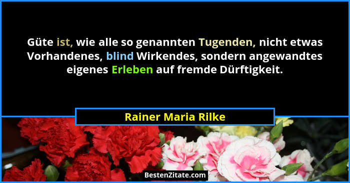 Güte ist, wie alle so genannten Tugenden, nicht etwas Vorhandenes, blind Wirkendes, sondern angewandtes eigenes Erleben auf fremd... - Rainer Maria Rilke