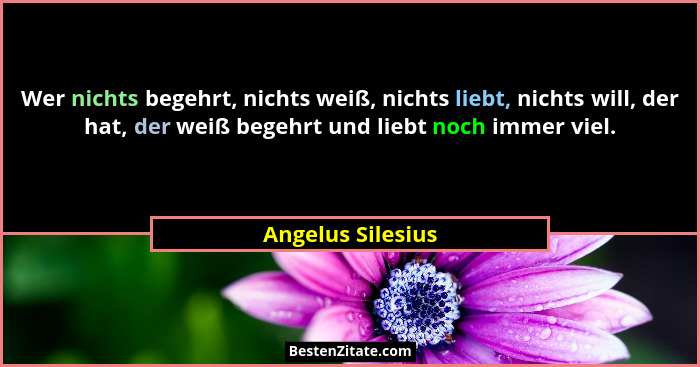 Wer nichts begehrt, nichts weiß, nichts liebt, nichts will, der hat, der weiß begehrt und liebt noch immer viel.... - Angelus Silesius