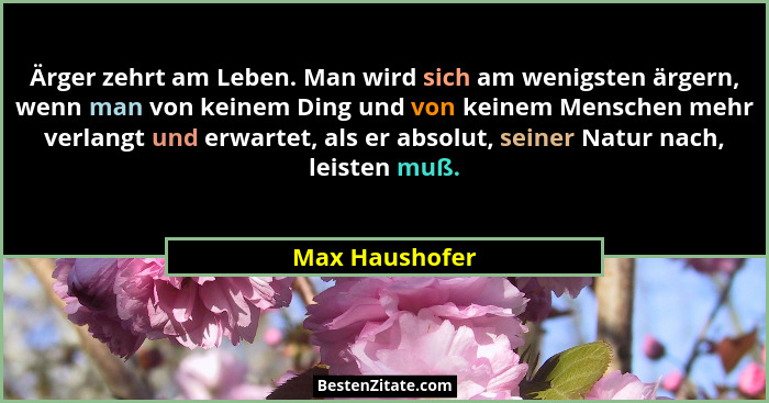 Ärger zehrt am Leben. Man wird sich am wenigsten ärgern, wenn man von keinem Ding und von keinem Menschen mehr verlangt und erwartet,... - Max Haushofer