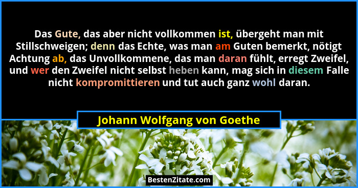 Das Gute, das aber nicht vollkommen ist, übergeht man mit Stillschweigen; denn das Echte, was man am Guten bemerkt, nötig... - Johann Wolfgang von Goethe
