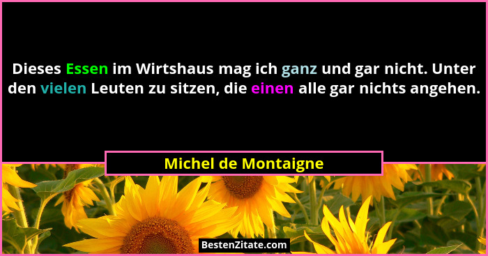 Dieses Essen im Wirtshaus mag ich ganz und gar nicht. Unter den vielen Leuten zu sitzen, die einen alle gar nichts angehen.... - Michel de Montaigne