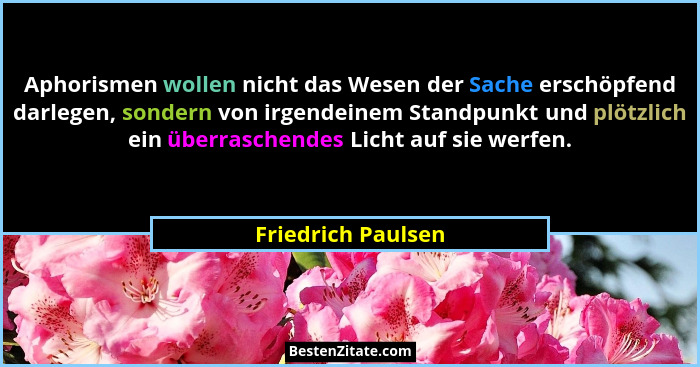 Aphorismen wollen nicht das Wesen der Sache erschöpfend darlegen, sondern von irgendeinem Standpunkt und plötzlich ein überraschen... - Friedrich Paulsen
