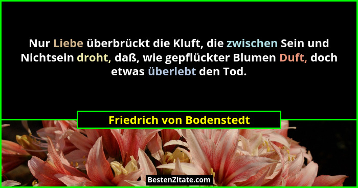 Nur Liebe überbrückt die Kluft, die zwischen Sein und Nichtsein droht, daß, wie gepflückter Blumen Duft, doch etwas überleb... - Friedrich von Bodenstedt