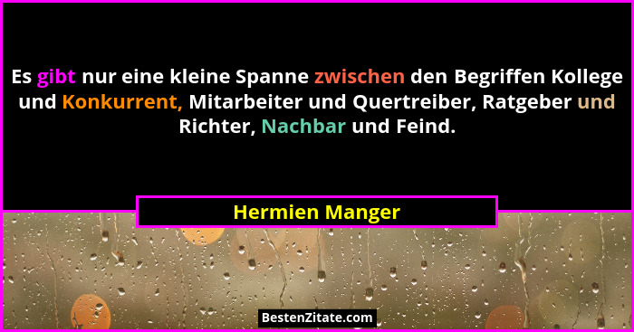 Es gibt nur eine kleine Spanne zwischen den Begriffen Kollege und Konkurrent, Mitarbeiter und Quertreiber, Ratgeber und Richter, Nach... - Hermien Manger