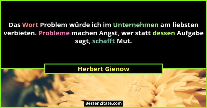 Das Wort Problem würde ich im Unternehmen am liebsten verbieten. Probleme machen Angst, wer statt dessen Aufgabe sagt, schafft Mut.... - Herbert Gienow