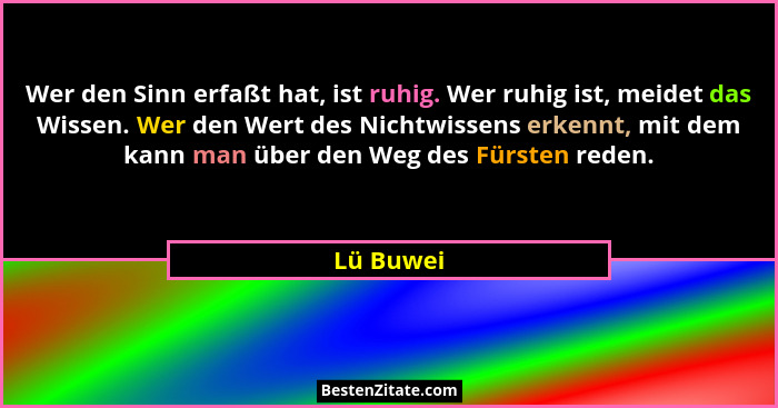Wer den Sinn erfaßt hat, ist ruhig. Wer ruhig ist, meidet das Wissen. Wer den Wert des Nichtwissens erkennt, mit dem kann man über den Weg... - Lü Buwei