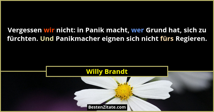 Vergessen wir nicht: in Panik macht, wer Grund hat, sich zu fürchten. Und Panikmacher eignen sich nicht fürs Regieren.... - Willy Brandt