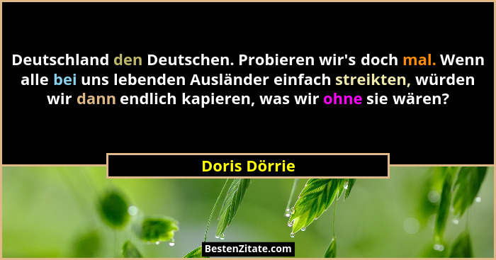Deutschland den Deutschen. Probieren wir's doch mal. Wenn alle bei uns lebenden Ausländer einfach streikten, würden wir dann endlic... - Doris Dörrie