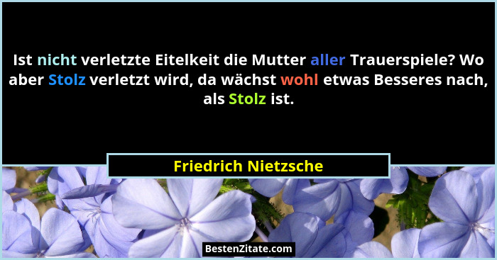 Ist nicht verletzte Eitelkeit die Mutter aller Trauerspiele? Wo aber Stolz verletzt wird, da wächst wohl etwas Besseres nach, al... - Friedrich Nietzsche