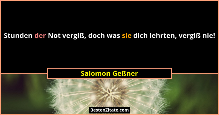 Stunden der Not vergiß, doch was sie dich lehrten, vergiß nie!... - Salomon Geßner