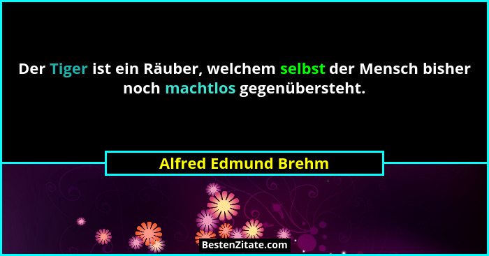 Der Tiger ist ein Räuber, welchem selbst der Mensch bisher noch machtlos gegenübersteht.... - Alfred Edmund Brehm
