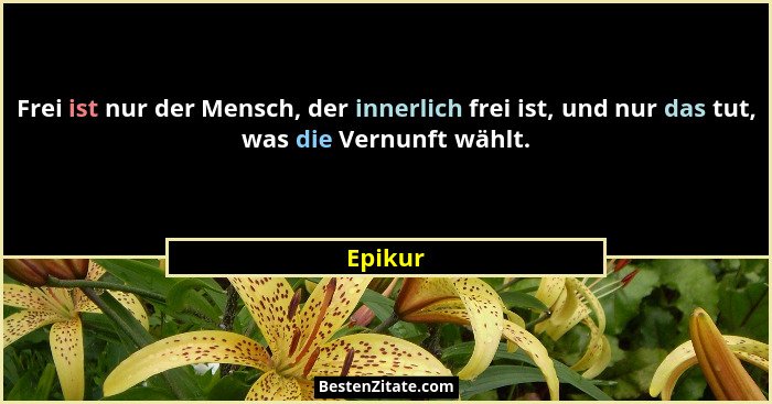 Frei ist nur der Mensch, der innerlich frei ist, und nur das tut, was die Vernunft wählt.... - Epikur