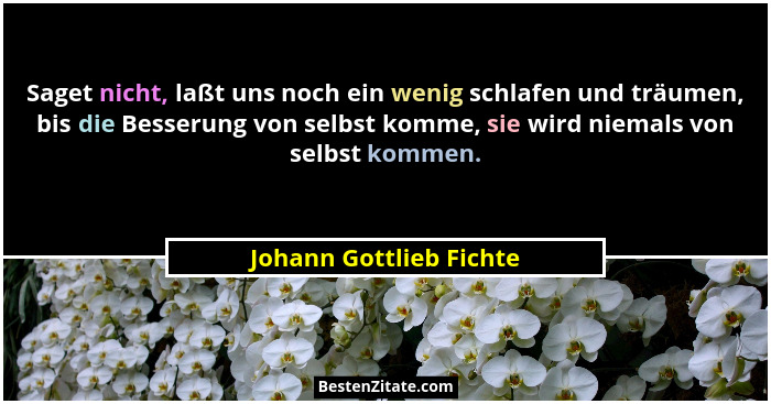 Saget nicht, laßt uns noch ein wenig schlafen und träumen, bis die Besserung von selbst komme, sie wird niemals von selbst ko... - Johann Gottlieb Fichte