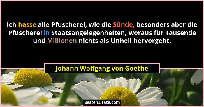 Ich hasse alle Pfuscherei, wie die Sünde, besonders aber die Pfuscherei in Staatsangelegenheiten, woraus für Tausende und... - Johann Wolfgang von Goethe