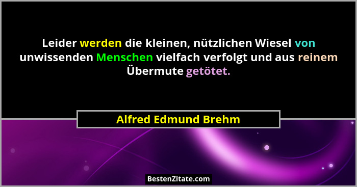 Leider werden die kleinen, nützlichen Wiesel von unwissenden Menschen vielfach verfolgt und aus reinem Übermute getötet.... - Alfred Edmund Brehm