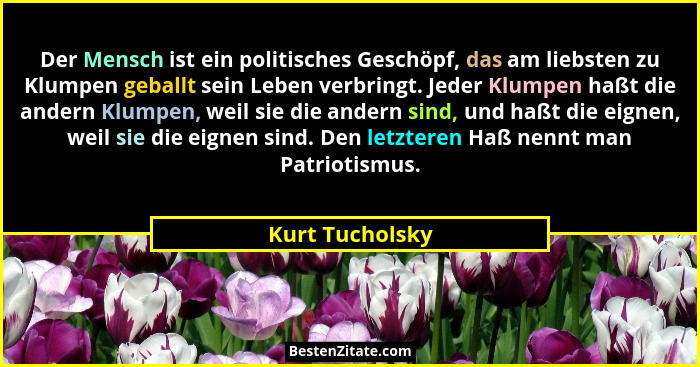 Der Mensch ist ein politisches Geschöpf, das am liebsten zu Klumpen geballt sein Leben verbringt. Jeder Klumpen haßt die andern Klump... - Kurt Tucholsky