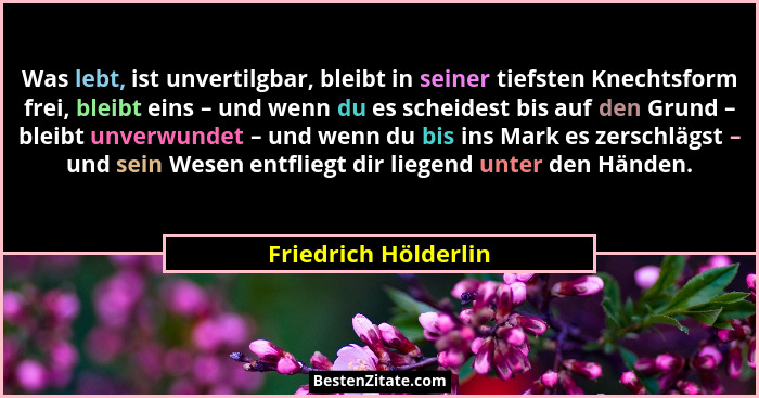 Was lebt, ist unvertilgbar, bleibt in seiner tiefsten Knechtsform frei, bleibt eins – und wenn du es scheidest bis auf den Grund... - Friedrich Hölderlin