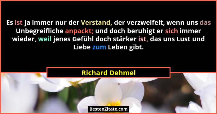 Es ist ja immer nur der Verstand, der verzweifelt, wenn uns das Unbegreifliche anpackt; und doch beruhigt er sich immer wieder, weil... - Richard Dehmel