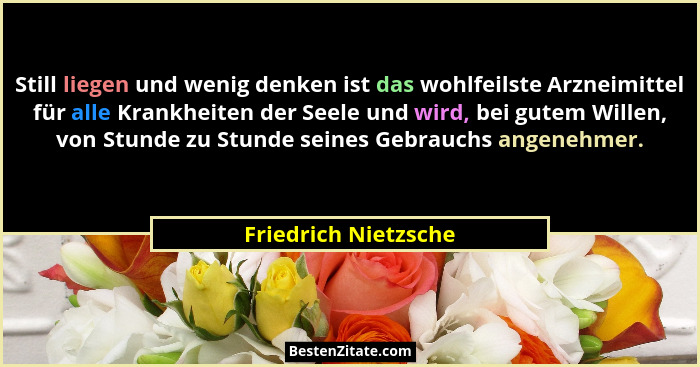 Still liegen und wenig denken ist das wohlfeilste Arzneimittel für alle Krankheiten der Seele und wird, bei gutem Willen, von St... - Friedrich Nietzsche
