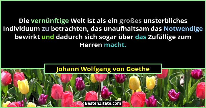 Die vernünftige Welt ist als ein großes unsterbliches Individuum zu betrachten, das unaufhaltsam das Notwendige bewirkt u... - Johann Wolfgang von Goethe