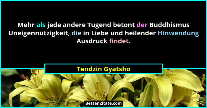 Mehr als jede andere Tugend betont der Buddhismus Uneigennützigkeit, die in Liebe und heilender Hinwendung Ausdruck findet.... - Tendzin Gyatsho