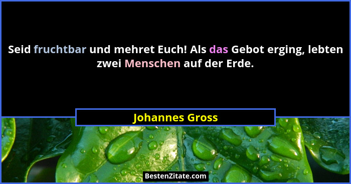 Seid fruchtbar und mehret Euch! Als das Gebot erging, lebten zwei Menschen auf der Erde.... - Johannes Gross