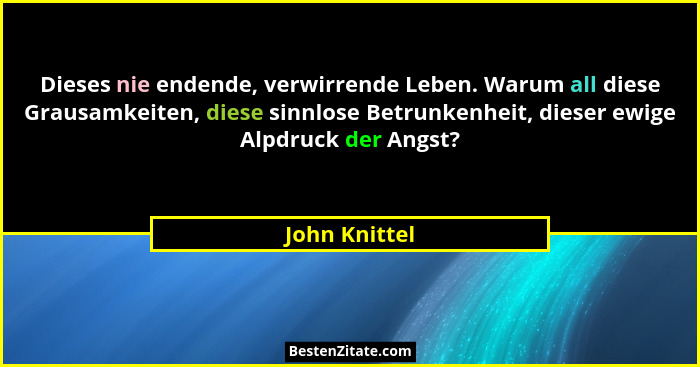 Dieses nie endende, verwirrende Leben. Warum all diese Grausamkeiten, diese sinnlose Betrunkenheit, dieser ewige Alpdruck der Angst?... - John Knittel