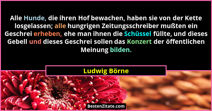 Alle Hunde, die ihren Hof bewachen, haben sie von der Kette losgelassen; alle hungrigen Zeitungsschreiber mußten ein Geschrei erheben,... - Ludwig Börne