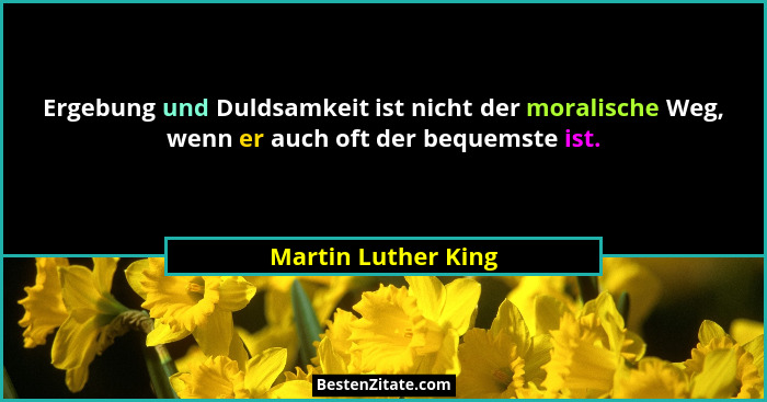 Ergebung und Duldsamkeit ist nicht der moralische Weg, wenn er auch oft der bequemste ist.... - Martin Luther King
