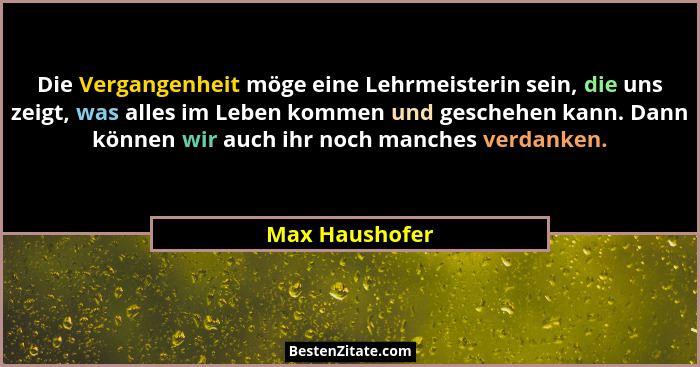 Die Vergangenheit möge eine Lehrmeisterin sein, die uns zeigt, was alles im Leben kommen und geschehen kann. Dann können wir auch ihr... - Max Haushofer