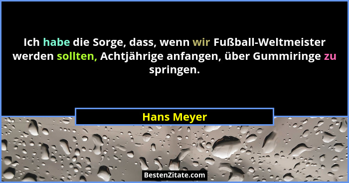 Ich habe die Sorge, dass, wenn wir Fußball-Weltmeister werden sollten, Achtjährige anfangen, über Gummiringe zu springen.... - Hans Meyer