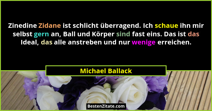 Zinedine Zidane ist schlicht überragend. Ich schaue ihn mir selbst gern an, Ball und Körper sind fast eins. Das ist das Ideal, das a... - Michael Ballack
