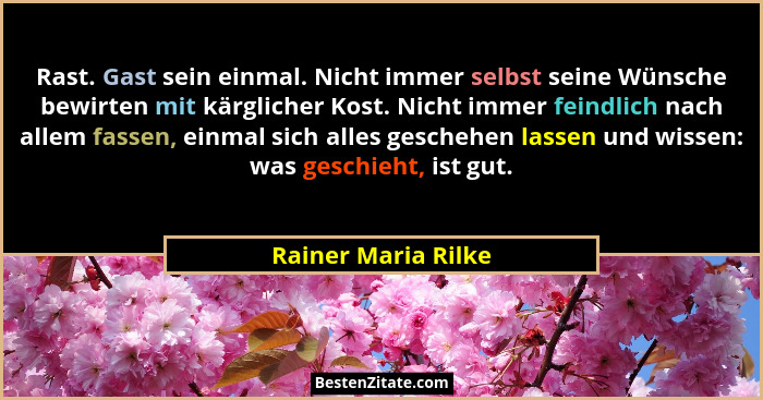 Rast. Gast sein einmal. Nicht immer selbst seine Wünsche bewirten mit kärglicher Kost. Nicht immer feindlich nach allem fassen, e... - Rainer Maria Rilke