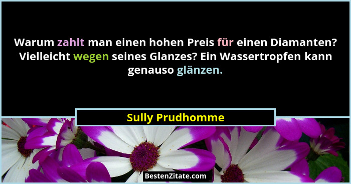 Warum zahlt man einen hohen Preis für einen Diamanten? Vielleicht wegen seines Glanzes? Ein Wassertropfen kann genauso glänzen.... - Sully Prudhomme