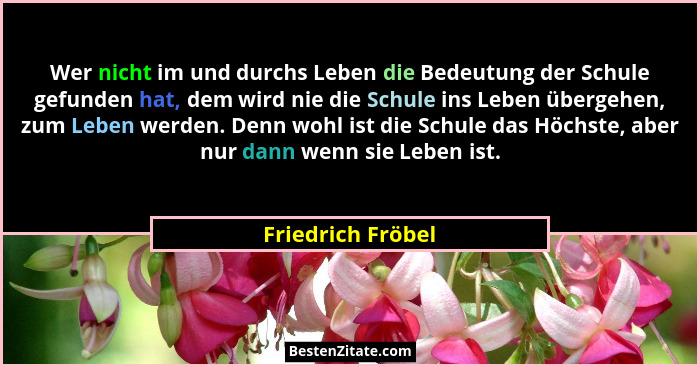 Wer nicht im und durchs Leben die Bedeutung der Schule gefunden hat, dem wird nie die Schule ins Leben übergehen, zum Leben werden.... - Friedrich Fröbel