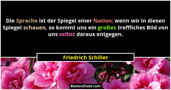 Die Sprache ist der Spiegel einer Nation; wenn wir in diesen Spiegel schauen, so kommt uns ein großes treffliches Bild von uns se... - Friedrich Schiller
