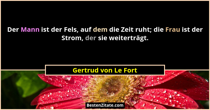 Der Mann ist der Fels, auf dem die Zeit ruht; die Frau ist der Strom, der sie weiterträgt.... - Gertrud von Le Fort
