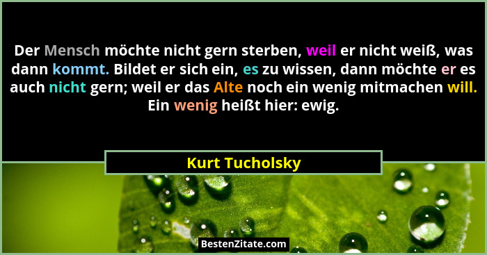 Der Mensch möchte nicht gern sterben, weil er nicht weiß, was dann kommt. Bildet er sich ein, es zu wissen, dann möchte er es auch ni... - Kurt Tucholsky