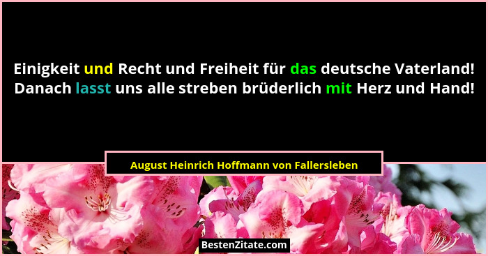 Einigkeit und Recht und Freiheit für das deutsche Vaterland! Danach lasst uns alle streben brüderlich mit... - August Heinrich Hoffmann von Fallersleben