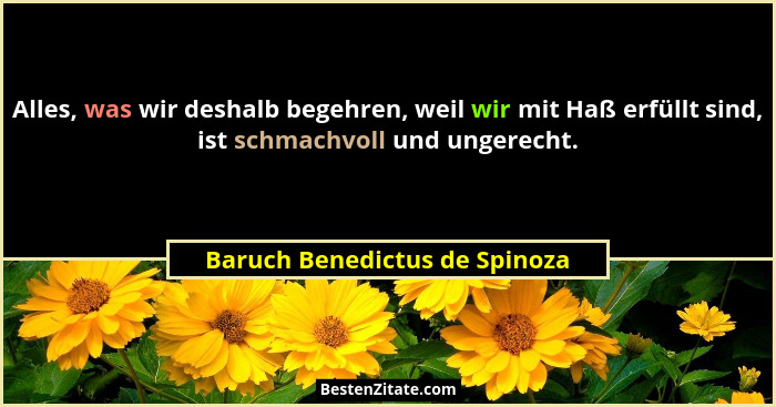 Alles, was wir deshalb begehren, weil wir mit Haß erfüllt sind, ist schmachvoll und ungerecht.... - Baruch Benedictus de Spinoza