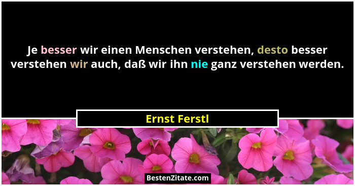 Je besser wir einen Menschen verstehen, desto besser verstehen wir auch, daß wir ihn nie ganz verstehen werden.... - Ernst Ferstl