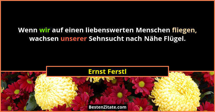 Wenn wir auf einen liebenswerten Menschen fliegen, wachsen unserer Sehnsucht nach Nähe Flügel.... - Ernst Ferstl