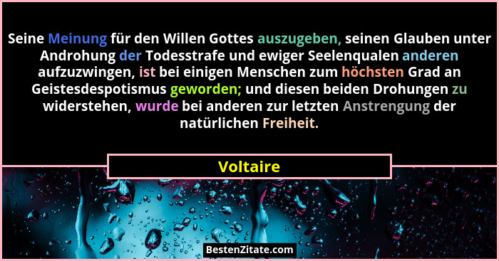 Seine Meinung für den Willen Gottes auszugeben, seinen Glauben unter Androhung der Todesstrafe und ewiger Seelenqualen anderen aufzuzwingen... - Voltaire