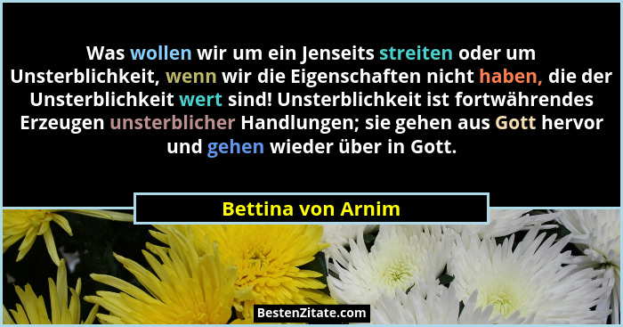 Was wollen wir um ein Jenseits streiten oder um Unsterblichkeit, wenn wir die Eigenschaften nicht haben, die der Unsterblichkeit w... - Bettina von Arnim